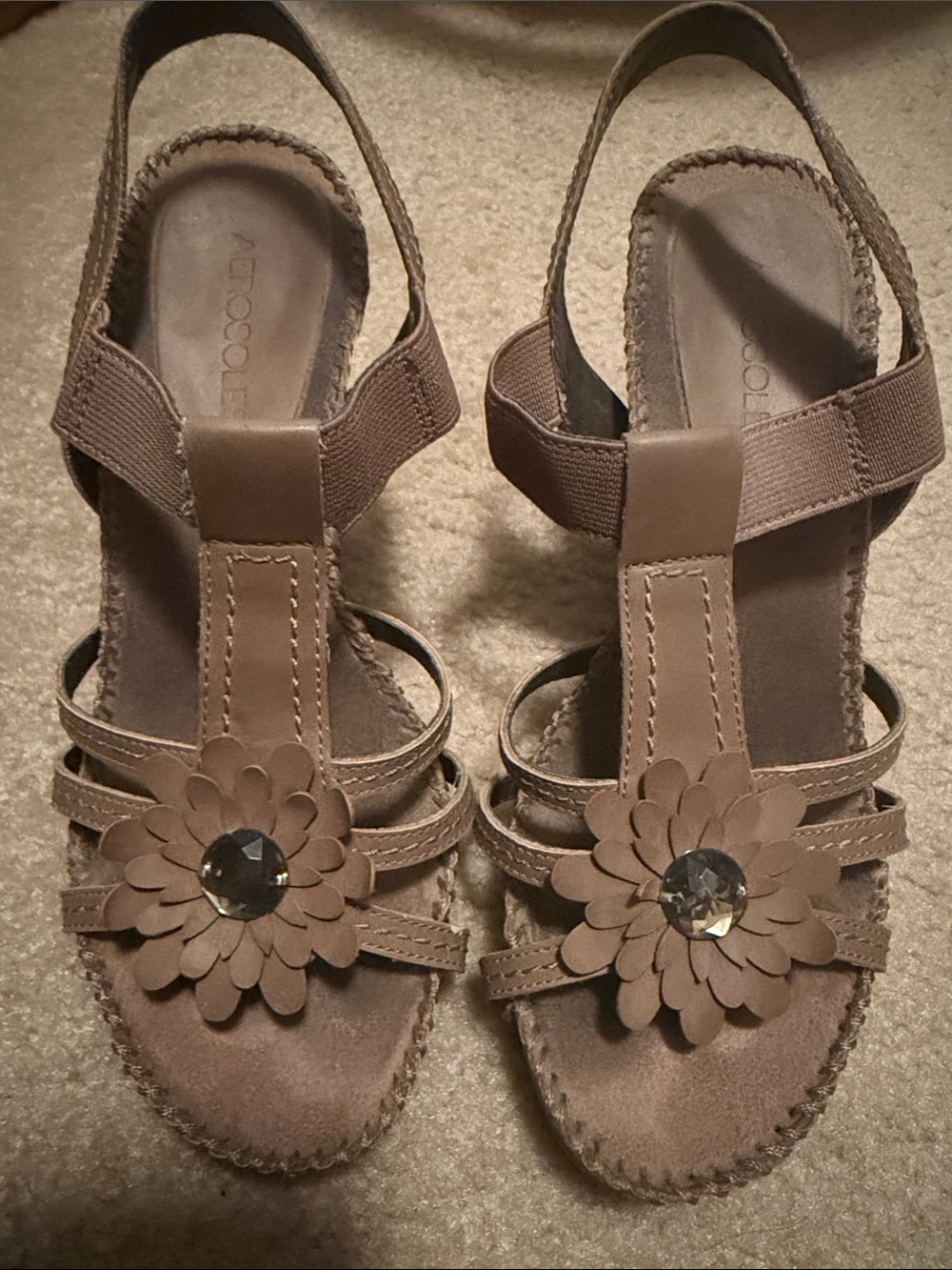 AEROSOLES Taupe Floral Slingback Sandals with Gem Accent